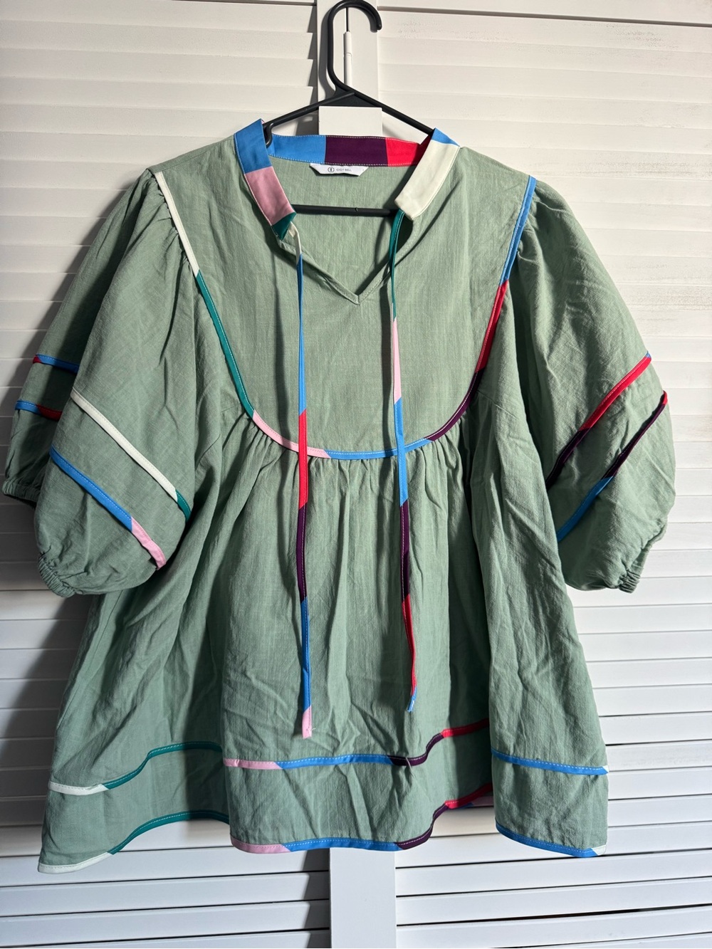 Sage Green Peasant Blouse with Color-Block Trim